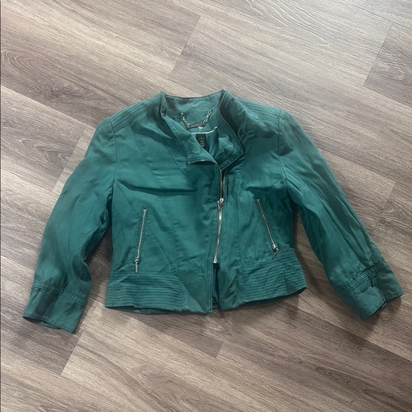 White House Black Market Green Jacket with Structured Design Moto Linen Blend - Picture 1 of 4